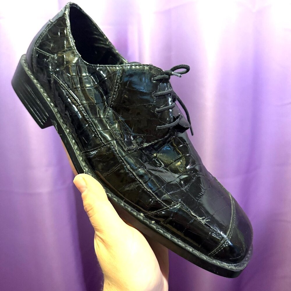Roberto Chillini Mens Size 9.5 Black Ultra Faux Crocodile/Gator Embossed Oxfords - Picture 8 of 13
